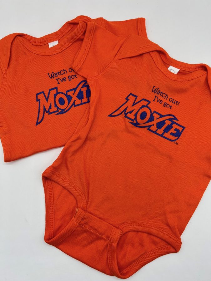 Orange Baby Bodysuit. Text reads "Watch out" I've got Moxie"