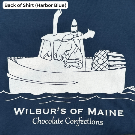 Long sleeve shirt in harbor blue shirt with moose driving a lobster boat. The text reads "Wilbur's of Maine Chocolate Confections"